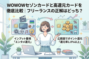 「WOWOWセゾンカードと高還元カードを徹底比較｜フリーランスの正解はどっち？」というタイトルが書かれたアイキャッチ画像。中央でPC作業をする女性フリーランスが、左側に「インプット重視・エンタメ還元（映画や音楽のアイコン）」、右側に「広範囲でポイント還元・還元率1.0%以上（積み上がったコインとカートのアイコン）」という2つの選択肢を天秤にかけるように比較しているイラストです。
