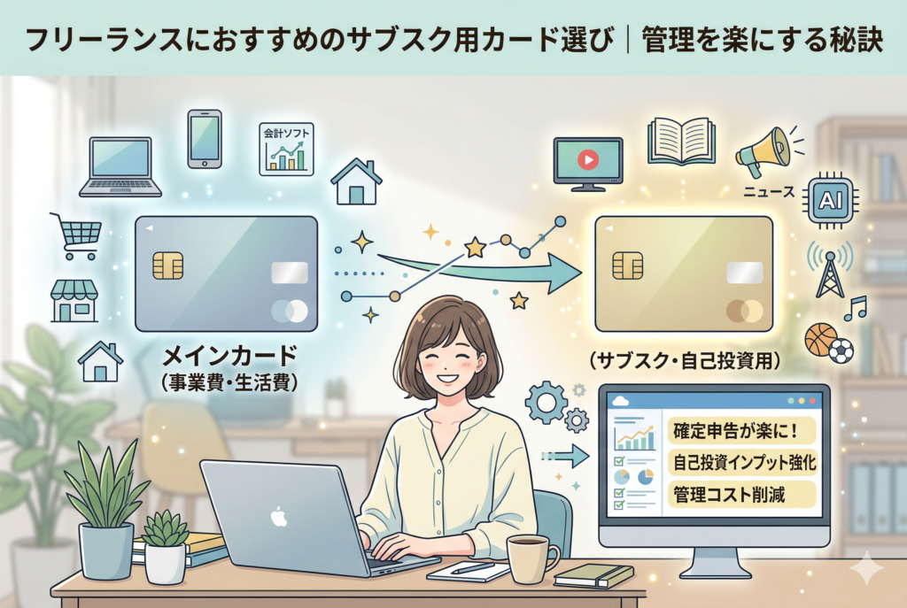 「フリーランスにおすすめのサブスク用カード選び｜管理を楽にする秘訣」というタイトルが入ったアイキャッチ画像。中央に笑顔の女性フリーランスがノートパソコンに向かっているイラスト。左側に事業費や生活費を支払う「メインカード」、右側に動画配信や書籍などの「サブカード（サブスク・自己投資用）」が配置され、それぞれの役割がアイコンで図解されています。2枚のカードを使い分けることで、右下のモニターに示された「確定申告が楽に！」「自己投資インプット強化」「管理コスト削減」といったメリットが得られることを表現した、清潔感のある精緻なインフォグラフィックです。