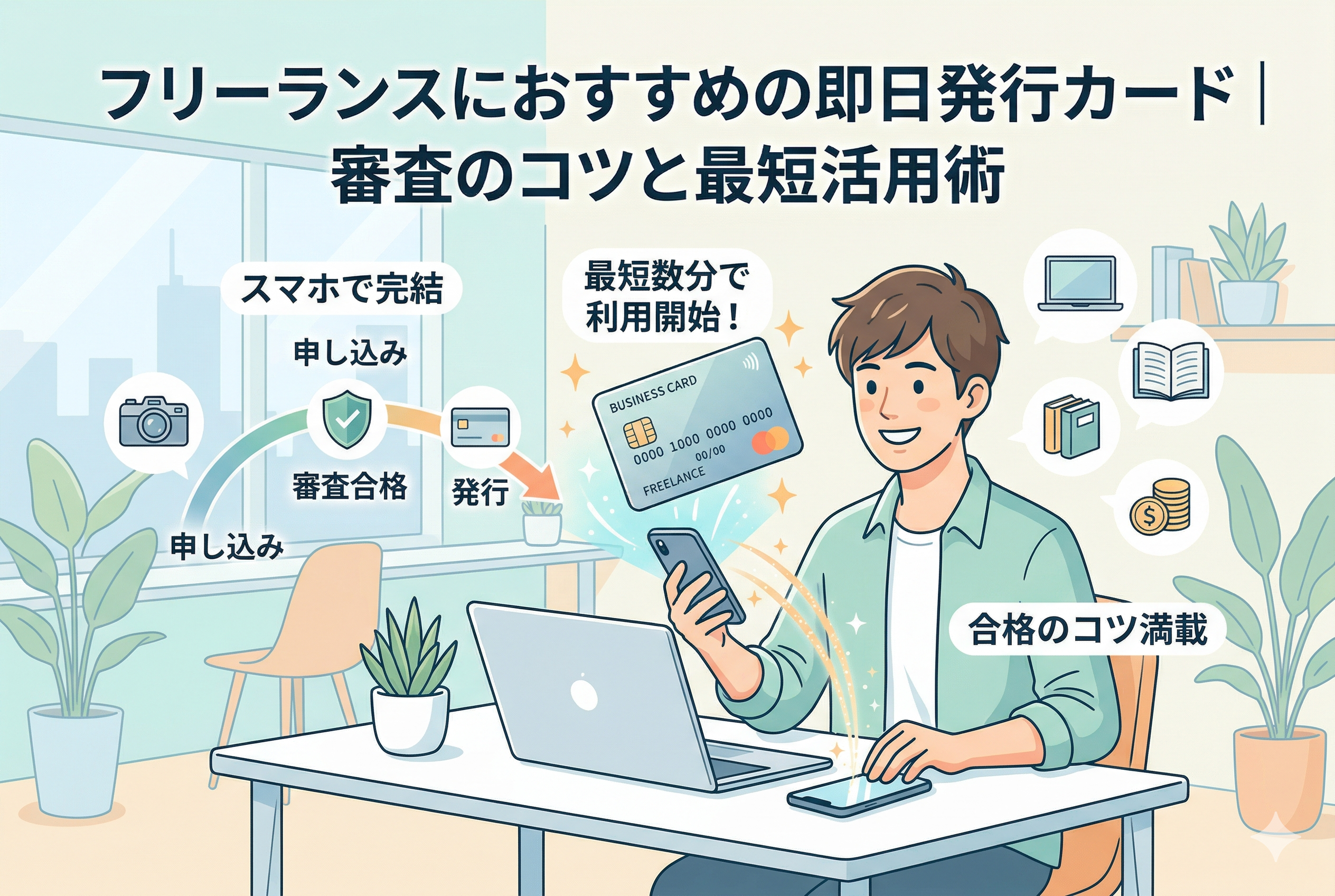 「フリーランスにおすすめの即日発行カード|審査のコツと最短活用術」というタイトルが入ったアイキャッチ画像。中央に笑顔の男性フリーランスが座り、スマホから数据(光流)が飛び出し、最短数分で利用開始できる商务信用卡(BUSINESS CARD FREELANCE)を持つ様子が描かれています。左側には「スマホで完結」「申し込み」「審査合格」「発行」のプロセスを図解、右下には「合格のコツ満載」という文字があります。周囲にはカメラや本のアイコンがあり、清潔感のある精緻な插画です。