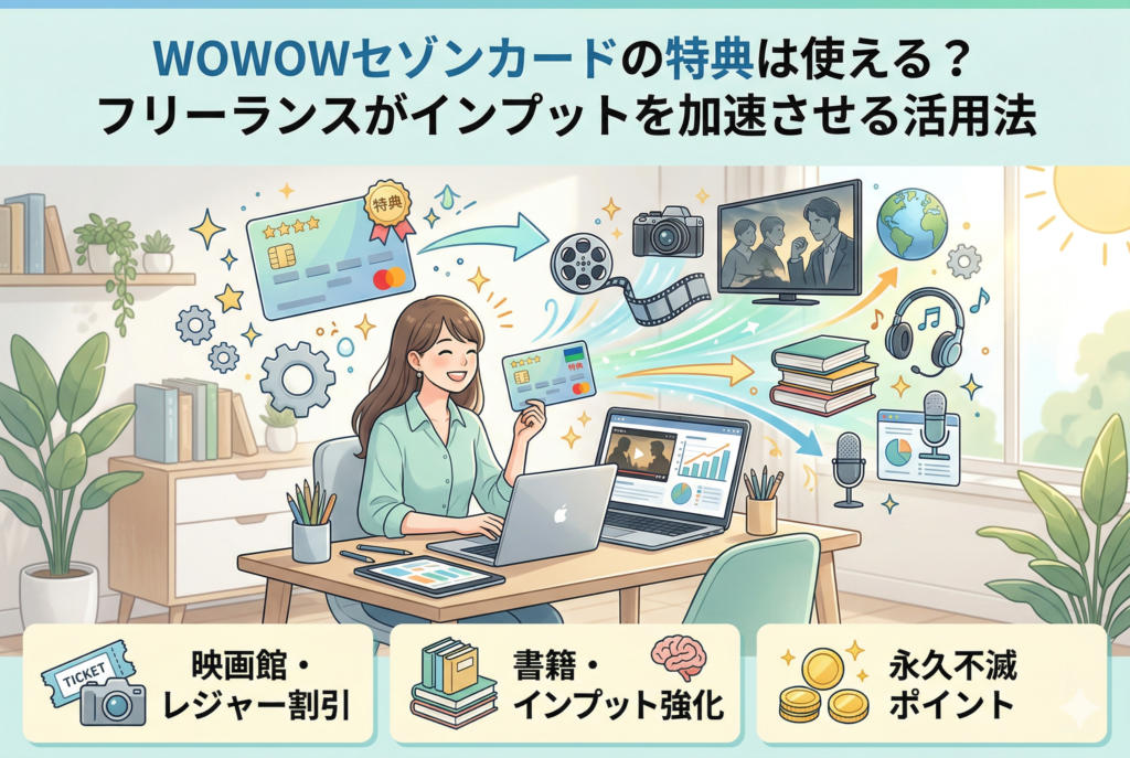 デスクで笑顔で作業する女性フリーランスのイラスト。彼女の周囲には映画フィルム、テレビ画面、書籍、ヘッドフォン、地球儀などの情報源が浮かんでおり、クレジットカードから光が流れ、情報収集を加速させている。画像上部には「WOWOWセゾンカードの特典は使える？フリーランスがインプットを加速させる活用法」のテキスト、下部には「映画館・レジャー割引」「書籍・インプット強化」「永久不滅ポイント」の特典アイコンとテキストがある。