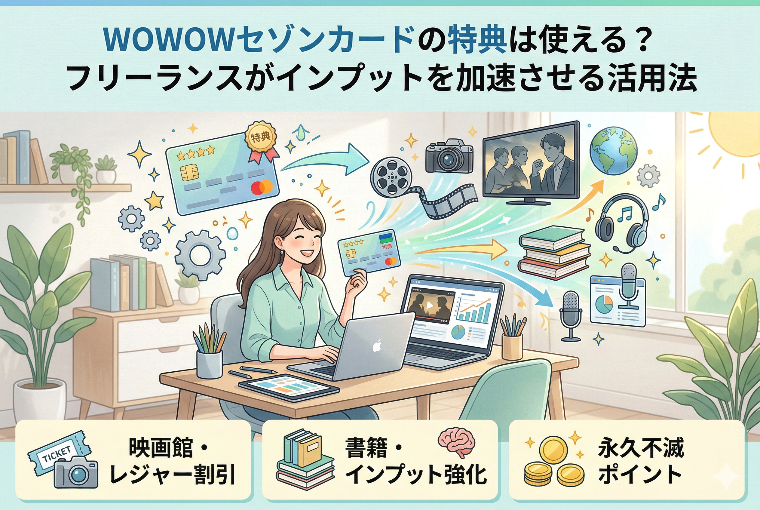デスクで笑顔で作業する女性フリーランスのイラスト。彼女の周囲には映画フィルム、テレビ画面、書籍、ヘッドフォン、地球儀などの情報源が浮かんでおり、クレジットカードから光が流れ、情報収集を加速させている。画像上部には「WOWOWセゾンカードの特典は使える？フリーランスがインプットを加速させる活用法」のテキスト、下部には「映画館・レジャー割引」「書籍・インプット強化」「永久不滅ポイント」の特典アイコンとテキストがある。
