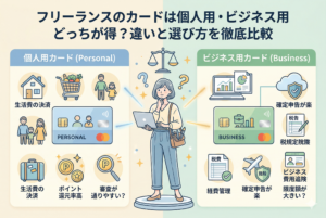 「フリーランスのカードは個人用・ビジネス用どっちが得？違いと選び方を徹底比較」というタイトルが書かれたアイキャッチ画像。中央には、ノートPCやタブレット、ペンを持つ女性フリーランスが立ち、左右の2つの選択肢を天秤にかけるように比較している。左側には「個人用カード (Personal)」のソフトブルーのパネルに、「生活費の決済（家、スーパーのカート）」、「ポイント還元率高（GlowingなPコイン、星）」、「審査が通りやすい？（ルーペ、疑問符）」というアイコンとテキストがある。右側には「ビジネス用カード (Business)」のソフトグリーンのパネルに、「経費管理（Glowingなグラフ、盾と雲の盾）」、「確定申告が楽（税務署の建物、 glowing なグラフ）」、「限度額が大きい？（飛行機、大きなGlowingな利用枠）」というアイコンとテキストがある。清潔感のある精緻なインフォグラフィックデザイン。