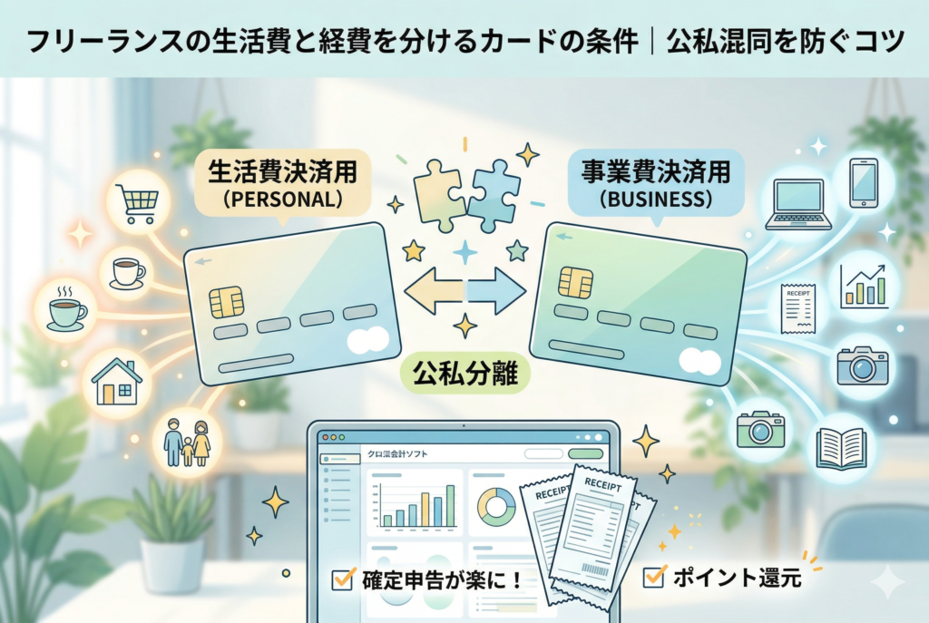 「フリーランスの生活費と経費を分けるカードの条件|公私混同を防ぐコツ」というタイトルが入ったアイキャッチ画像。左側に「生活費決済用(個人カード)」、右側に「事業費決済用(ビジネスカード)」を配置し、中央のパズルと矢印で「公私分離」を表現しています。下部にはクラウド会計ソフトの画面と「確定申告が楽に!」「ポイント還元」というメリットが記され、クレジットカードを使い分けることで経理が効率化される仕組みを視覚的に図解した精緻なイラストです。