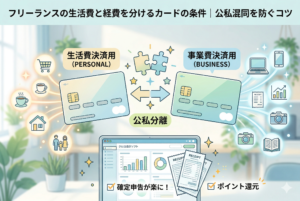 「フリーランスの生活費と経費を分けるカードの条件｜公私混同を防ぐコツ」というタイトルが入ったアイキャッチ画像。左側に「生活費決済用（個人カード）」、右側に「事業費決済用（ビジネスカード）」を配置し、中央のパズルと矢印で「公私分離」を表現しています。下部にはクラウド会計ソフトの画面と「確定申告が楽に！」「ポイント還元」というメリットが記され、クレジットカードを使い分けることで経理が効率化される仕組みを視覚的に図解した精緻なイラストです。