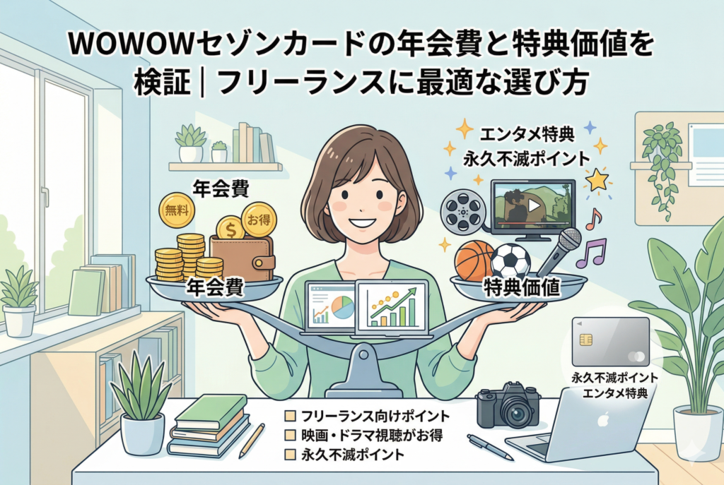 「WOWOWセゾンカードの年会費と特典価値を検証|フリーランスに最適な選び方」というタイトルのアイキャッチ画像。中央に座る女性フリーランスが大きな天秤を持ち、左側の「年会費(無料・貯金・お得)」と右側の「特典価値(映画フィルム、スポーツ、音楽、エンタメ特典)」のバランスを比較しているイラストです。手元にはノートPCやカメラが置かれ、永久不滅ポイントやエンタメ特典のチェックリストも添えられた、清潔感のある精緻なインフォグラフィックデザインです。