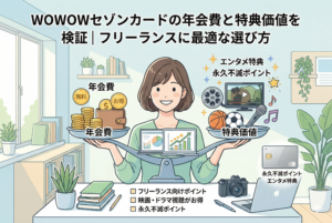 「WOWOWセゾンカードの年会費と特典価値を検証｜フリーランスに最適な選び方」というタイトルのアイキャッチ画像。中央に座る女性フリーランスが大きな天秤を持ち、左側の「年会費（無料・貯金・お得）」と右側の「特典価値（映画フィルム、スポーツ、音楽、エンタメ特典）」のバランスを比較しているイラストです。手元にはノートPCやカメラが置かれ、永久不滅ポイントやエンタメ特典のチェックリストも添えられた、清潔感のある精緻なインフォグラフィックデザインです。