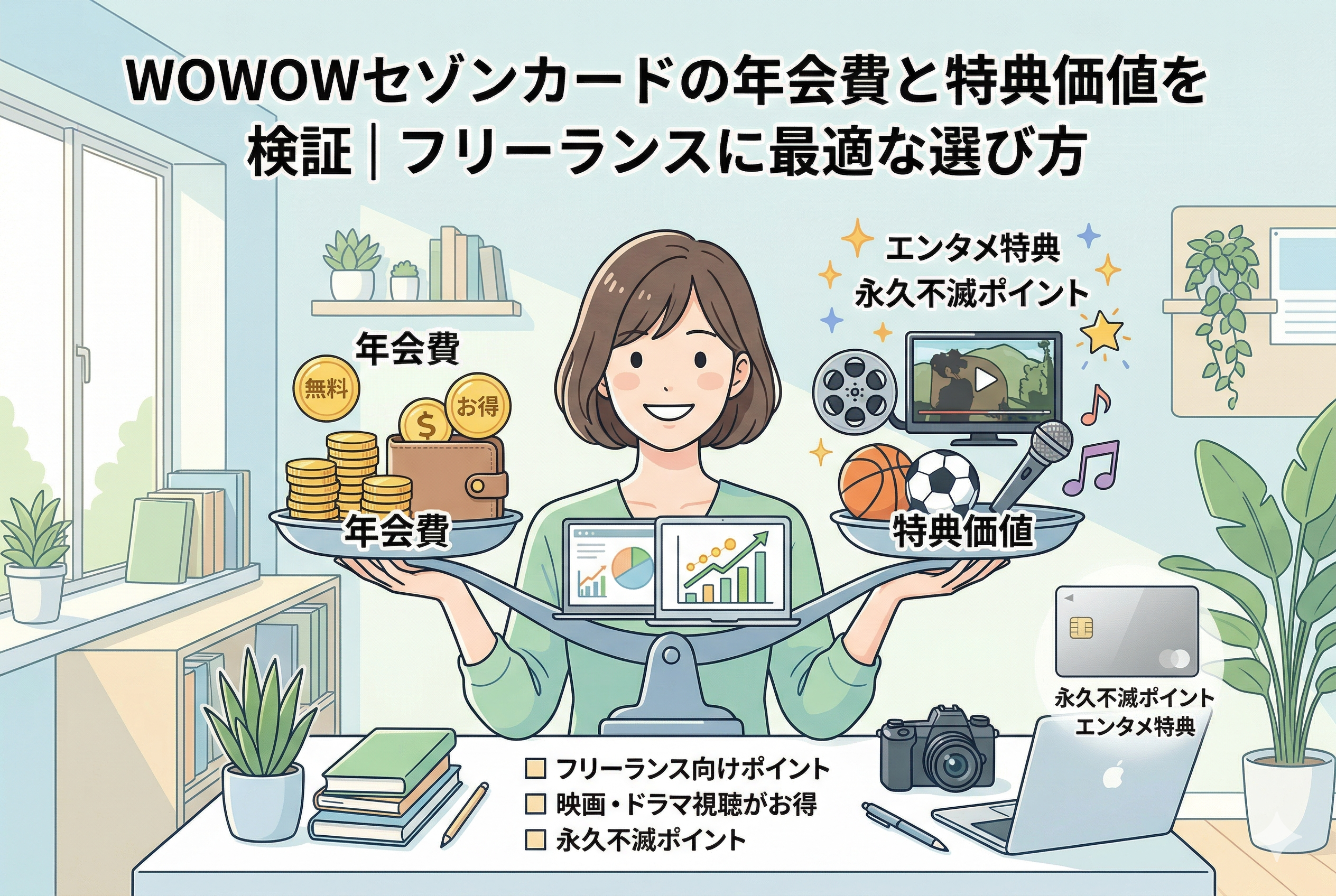 「WOWOWセゾンカードの年会費と特典価値を検証｜フリーランスに最適な選び方」というタイトルのアイキャッチ画像。中央に座る女性フリーランスが大きな天秤を持ち、左側の「年会費（無料・貯金・お得）」と右側の「特典価値（映画フィルム、スポーツ、音楽、エンタメ特典）」のバランスを比較しているイラストです。手元にはノートPCやカメラが置かれ、永久不滅ポイントやエンタメ特典のチェックリストも添えられた、清潔感のある精緻なインフォグラフィックデザインです。