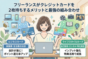 「フリーランスがクレジットカードを2枚持ちするメリットと最強の組み合わせ」というタイトルが書かれたアイキャッチ画像。中央に座る女性フリーランスが2枚のカードを手に持ち、左側の「ビジネスカード（事業費・生活費の決済）」と、右側の「ライフスタイルカード（自己投資・エンタメ・特化用途）」を使い分けている様子をイラストで表現しています。会計の効率化やインプットの強化など、2枚持ちによる相乗効果がアイコンで分かりやすく図解された、清潔感のあるデザインです。