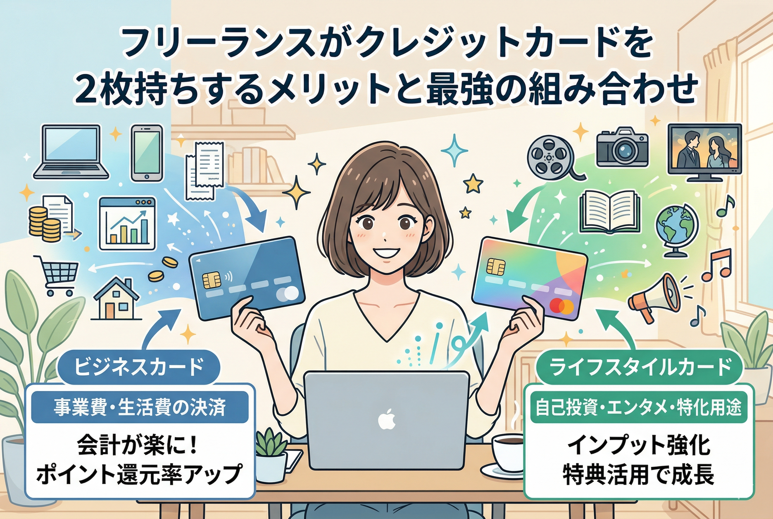 「フリーランスがクレジットカードを2枚持ちするメリットと最強の組み合わせ」というタイトルが書かれたアイキャッチ画像。中央に座る女性フリーランスが2枚のカードを手に持ち、左側の「ビジネスカード（事業費・生活費の決済）」と、右側の「ライフスタイルカード（自己投資・エンタメ・特化用途）」を使い分けている様子をイラストで表現しています。会計の効率化やインプットの強化など、2枚持ちによる相乗効果がアイコンで分かりやすく図解された、清潔感のあるデザインです。