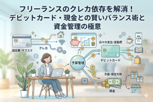 「フリーランスのクレカ依存を解消！デビットカード・現金との賢いバランス術」という記事タイトルが入った、決済手段の使い分けを図解したアイキャッチ。女性がパソコンで作業する傍ら、固定費はクレジットカード、日々の変動費はデビットカード、予備は現金という、用途に応じたスマートな資金管理の流れが分かりやすく描かれています。
