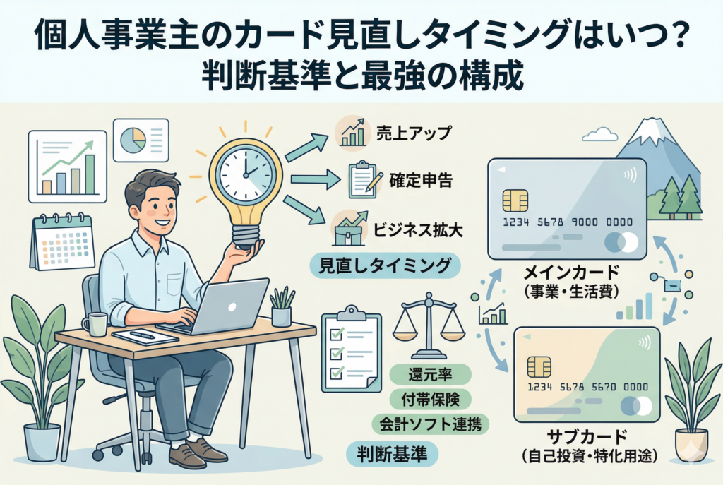 「個人事業主のカード見直しタイミングはいつ？判断基準と最強の構成」というタイトルが入ったアイキャッチ画像。デスクでノートパソコンを操作する男性のイラストを中心に、カード見直しのタイミング（売上アップ、確定申告、ビジネス拡大）や、判断基準（還元率、付帯保険、会計ソフト連携）を比較する天秤やチェックリストが描かれています。事業を支える「メインカード」と自己投資用の「サブカード」を使い分ける最強の構成を視覚的に図解した、清潔感のあるインフォグラフィックです。