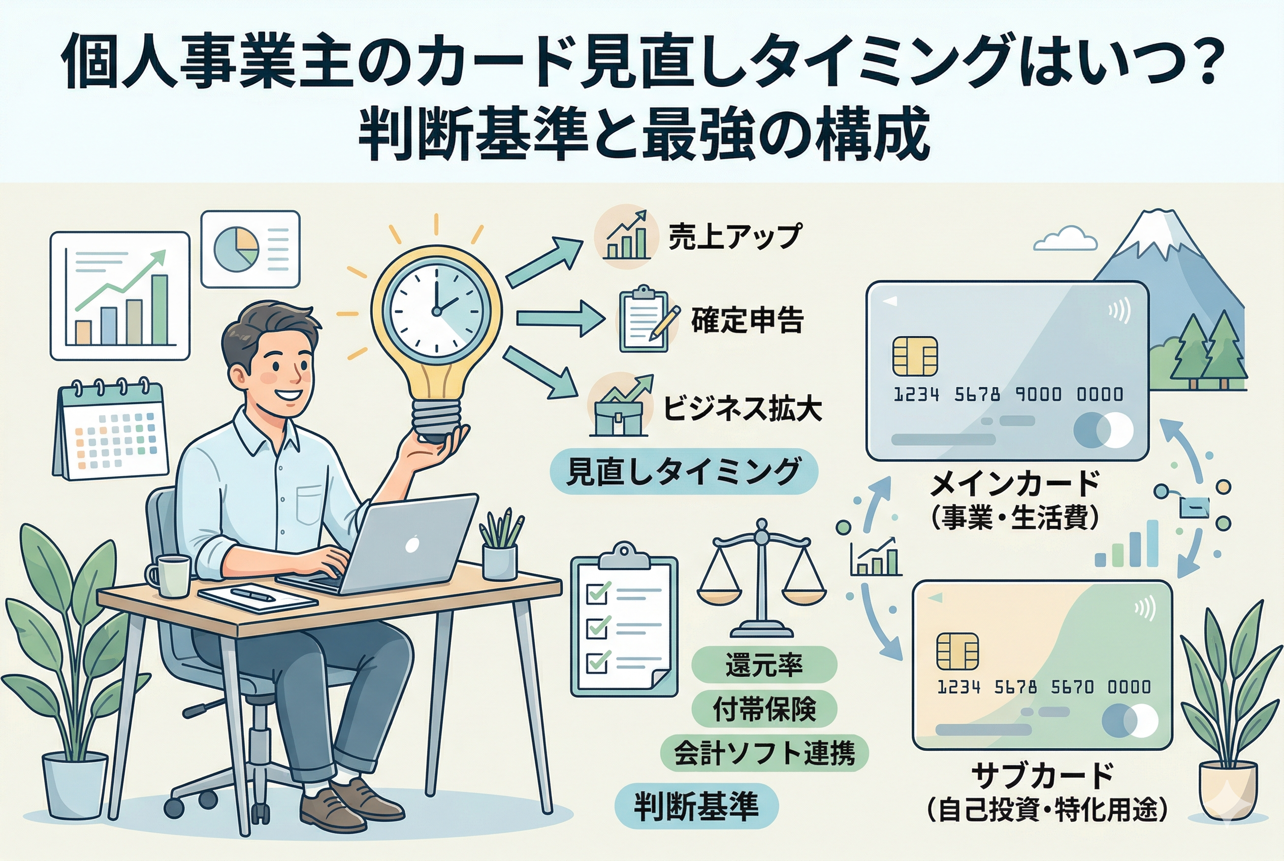 「個人事業主のカード見直しタイミングはいつ?判断基準と最強の構成」というタイトルが入ったアイキャッチ画像。デスクでノートパソコンを操作する男性のイラストを中心に、カード見直しのタイミング(売上アップ、確定申告、ビジネス拡大)や、判断基準(還元率、付帯保険、会計ソフト連携)を比較する天秤やチェックリストが描かれています。事業を支える「メインカード」と自己投資用の「サブカード」を使い分ける最強の構成を視覚的に図解した、清潔感のあるインフォグラフィックです。