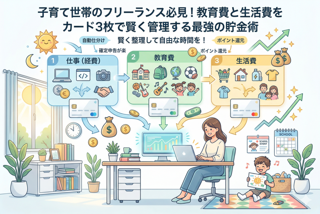 ホームオフィスでラップトップPCを使い笑顔で仕事をするフリーランスの母親と、その傍らで床に座り太陽の絵を描く小さな子供のイラスト。画像上部には「子育て世帯のフリーランス必見！教育費と生活費をカード3枚で賢く管理する最強の貯金術」と書かれ、その下に「仕事（経費）」「教育費」「生活費」の3つのカテゴリーに分けられたお金の流れのフローチャートが描かれている。それぞれに対応するクレジットカード（青、緑、黄色）が配置され、整理されたお金は中央のモニターで上昇トレンドのグラフとブタの貯金箱、大きなドル袋へと成長していく。窓の外には昼夜を意味する太陽と月、室内には観葉植物や学校イベントのカレンダーがあり、仕事と育児の両立と、賢い資金管理による貯金術を表現している。