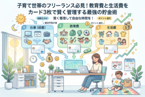ホームオフィスでラップトップPCを使い笑顔で仕事をするフリーランスの母親と、その傍らで床に座り太陽の絵を描く小さな子供のイラスト。画像上部には「子育て世帯のフリーランス必見！教育費と生活費をカード3枚で賢く管理する最強の貯金術」と書かれ、その下に「仕事（経費）」「教育費」「生活費」の3つのカテゴリーに分けられたお金の流れのフローチャートが描かれている。それぞれに対応するクレジットカード（青、緑、黄色）が配置され、整理されたお金は中央のモニターで上昇トレンドのグラフとブタの貯金箱、大きなドル袋へと成長していく。窓の外には昼夜を意味する太陽と月、室内には観葉植物や学校イベントのカレンダーがあり、仕事と育児の両立と、賢い資金管理による貯金術を表現している。