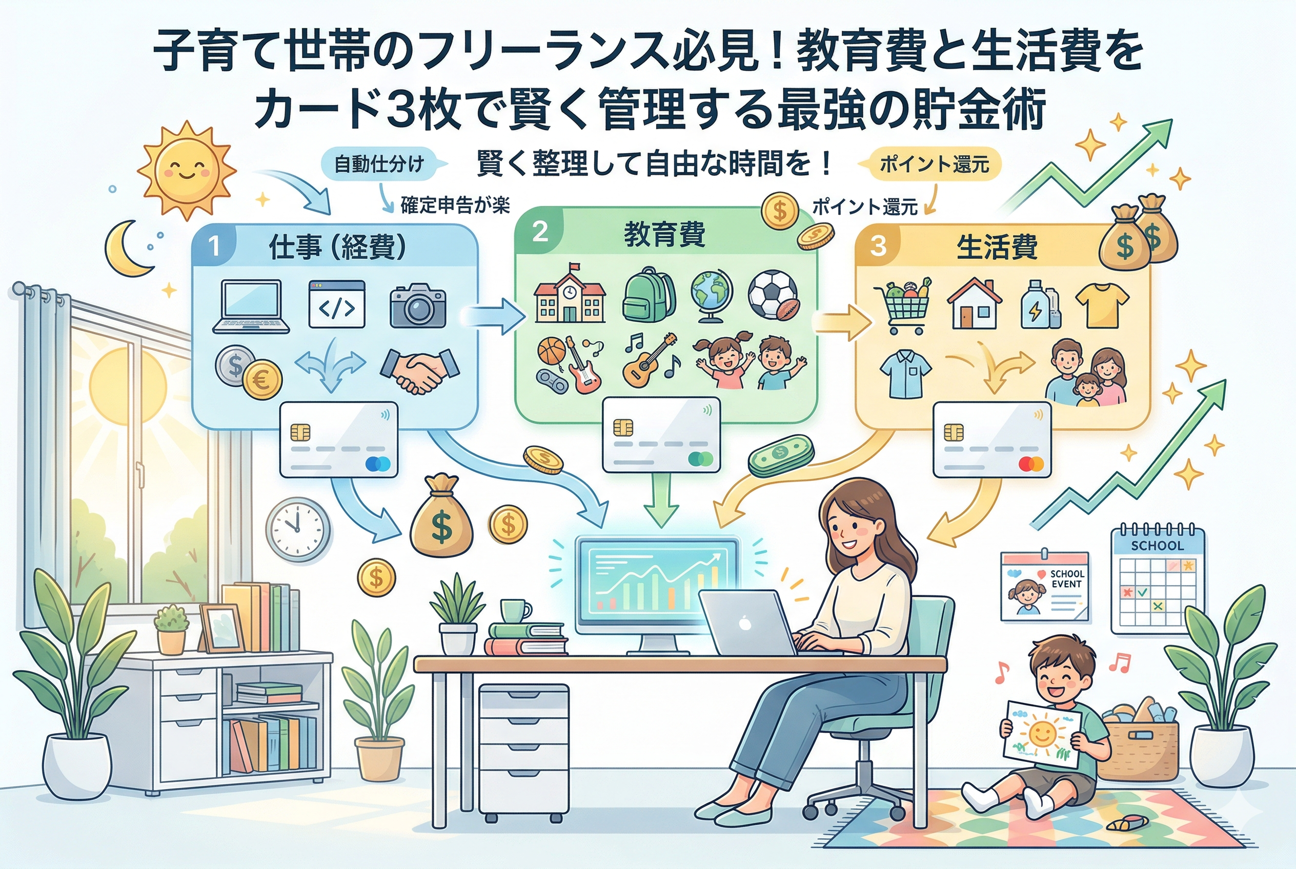 ホームオフィスでラップトップPCを使い笑顔で仕事をするフリーランスの母親と、その傍らで床に座り太陽の絵を描く小さな子供のイラスト。画像上部には「子育て世帯のフリーランス必見！教育費と生活費をカード3枚で賢く管理する最強の貯金術」と書かれ、その下に「仕事（経費）」「教育費」「生活費」の3つのカテゴリーに分けられたお金の流れのフローチャートが描かれている。それぞれに対応するクレジットカード（青、緑、黄色）が配置され、整理されたお金は中央のモニターで上昇トレンドのグラフとブタの貯金箱、大きなドル袋へと成長していく。窓の外には昼夜を意味する太陽と月、室内には観葉植物や学校イベントのカレンダーがあり、仕事と育児の両立と、賢い資金管理による貯金術を表現している。