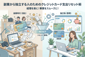 副業から独立する際のクレジットカード支出リセット術を視覚化したイラスト。左側には「副業時代（混在）」として、1枚のカードにレシートや小銭が散らかった混沌としたデスクを描き、中央の「RESET（リセット）」という漏斗（じょうご）を通ることで、右側の「独立後（整理）」へと移行する様子を表現。右側では個人用と事業用のカードが明確に分けられ、整理されたグラフが表示されたモニターの前で、清潔感のあるデスクで仕事に集中する女性の様子が対比的に描かれている。