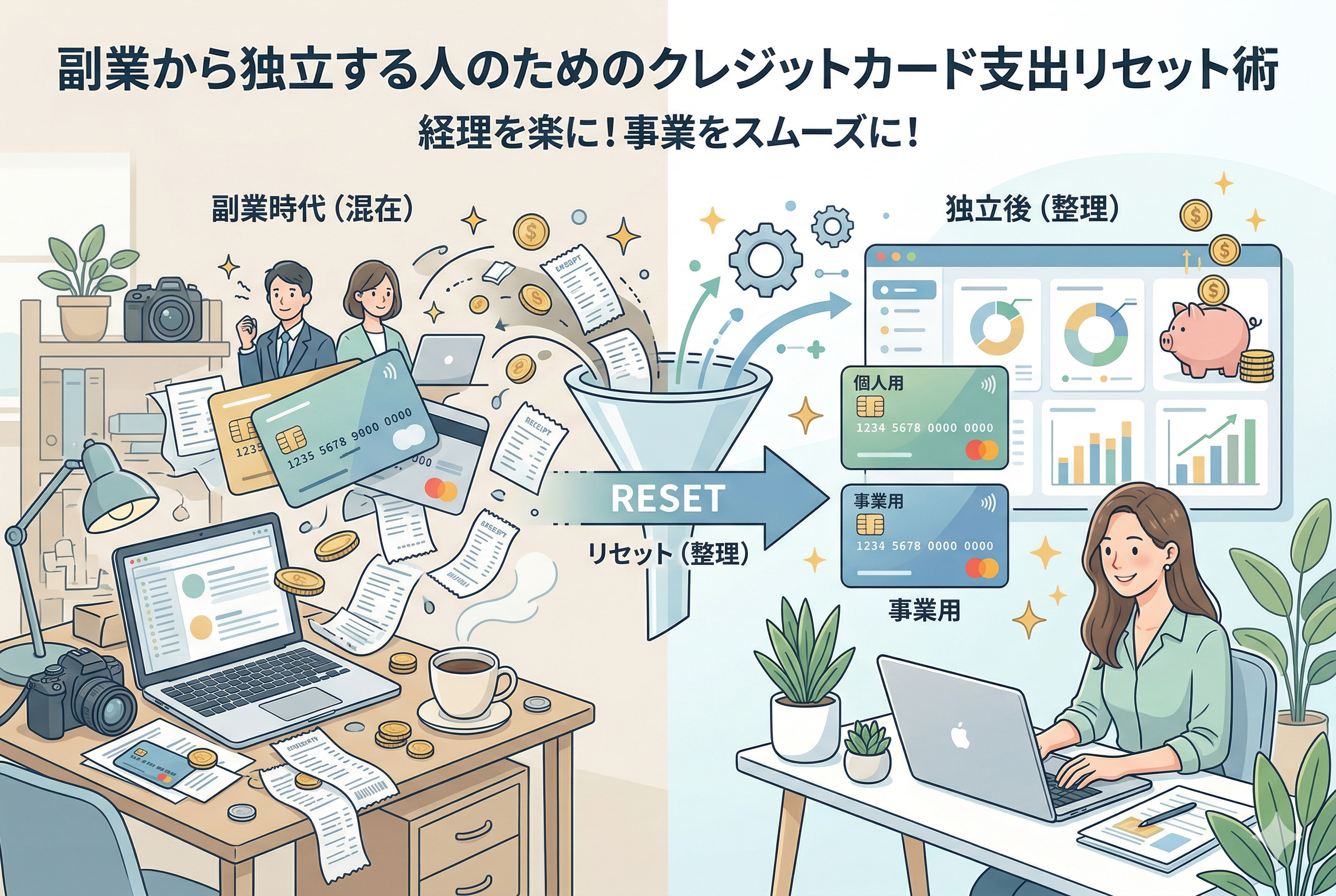 副業から独立する際のクレジットカード支出リセット術を視覚化したイラスト。左側には「副業時代（混在）」として、1枚のカードにレシートや小銭が散らかった混沌としたデスクを描き、中央の「RESET（リセット）」という漏斗（じょうご）を通ることで、右側の「独立後（整理）」へと移行する様子を表現。右側では個人用と事業用のカードが明確に分けられ、整理されたグラフが表示されたモニターの前で、清潔感のあるデスクで仕事に集中する女性の様子が対比的に描かれている。