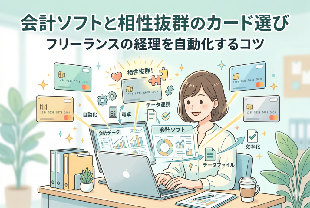 「会計ソフトと相性抜群のカード選び|フリーランスの経理を自動化するコツ」というタイトルのアイキャッチ画像。デスクでノートパソコンに向かう女性フリーランスの周りに、複数のクレジットカードが浮いており、それらがパズルのピースや歯車のように会計ソフト(グラフやチャートの画面)へデータ連携されている様子を描いたイラストです。「自動化」「データ連携」「効率化」といったキーワードが添えられ、カードとソフトの連携による事務作業の簡略化を視覚的に表現した、清潔感のある精緻なデザインです。