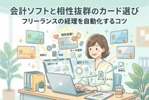 「会計ソフトと相性抜群のカード選び｜フリーランスの経理を自動化するコツ」というタイトルのアイキャッチ画像。デスクでノートパソコンに向かう女性フリーランスの周りに、複数のクレジットカードが浮いており、それらがパズルのピースや歯車のように会計ソフト（グラフやチャートの画面）へデータ連携されている様子を描いたイラストです。「自動化」「データ連携」「効率化」といったキーワードが添えられ、カードとソフトの連携による事務作業の簡略化を視覚的に表現した、清潔感のある精緻なデザインです。