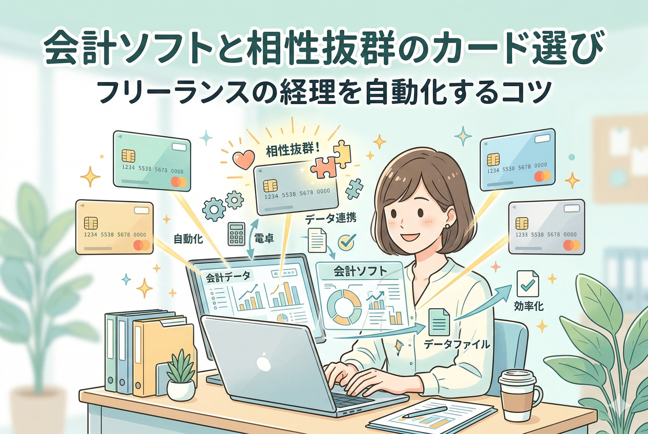 「会計ソフトと相性抜群のカード選び｜フリーランスの経理を自動化するコツ」というタイトルのアイキャッチ画像。デスクでノートパソコンに向かう女性フリーランスの周りに、複数のクレジットカードが浮いており、それらがパズルのピースや歯車のように会計ソフト（グラフやチャートの画面）へデータ連携されている様子を描いたイラストです。「自動化」「データ連携」「効率化」といったキーワードが添えられ、カードとソフトの連携による事務作業の簡略化を視覚的に表現した、清潔感のある精緻なデザインです。
