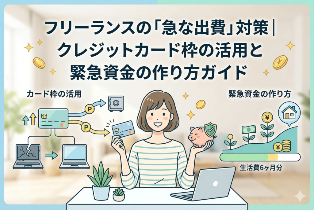中央に笑顔でPCを操作する女性を配置し、「フリーランスの『急な出費』対策｜クレジットカード枠の活用と緊急資金の作り方ガイド」というタイトルを掲げたアイキャッチイラスト。左側にはクレジットカードを使って故障したPCを新調する様子、右側には盾を持ったブタの貯金箱と「生活費6ヶ月分」の進捗バーが描かれ、カード枠と現金の使い分けを視覚的に表現しています。