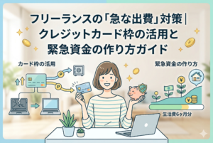 中央に笑顔でPCを操作する女性を配置し、「フリーランスの『急な出費』対策｜クレジットカード枠の活用と緊急資金の作り方ガイド」というタイトルを掲げたアイキャッチイラスト。左側にはクレジットカードを使って故障したPCを新調する様子、右側には盾を持ったブタの貯金箱と「生活費6ヶ月分」の進捗バーが描かれ、カード枠と現金の使い分けを視覚的に表現しています。