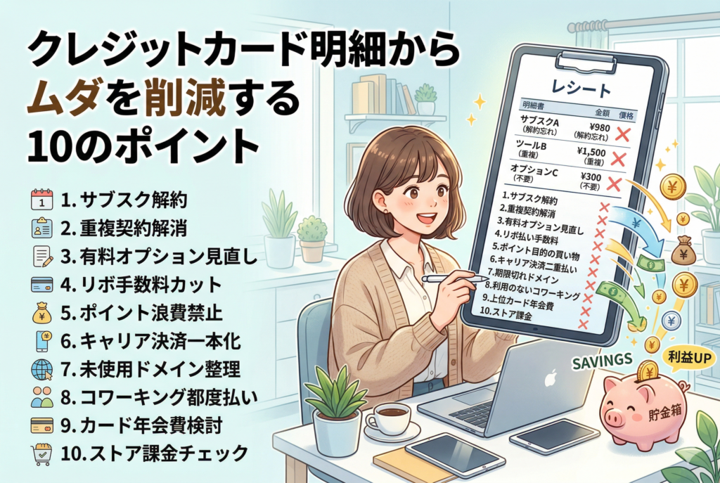 「クレジットカード明細からムダを削減する10のポイント」という記事タイトルの横に、笑顔の女性がタブレットとPCを使いながら、明細に潜む解約忘れや重複契約などの項目にバツ印をつけて精査している様子を描いたイラスト。浮いた資金がブタの貯金箱（節約・利益UP）へと流れる様子が表現されており、左側にはサブスク解約、重複契約解消、リボ手数料カットなど10の具体的なチェックポイントがリスト化されている。