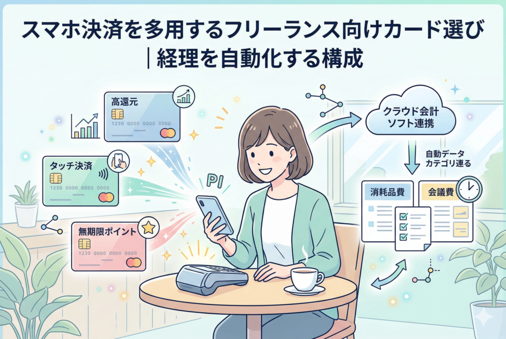 「スマホ決済を多用するフリーランス向けカード選び|経理を自動化する構成」というタイトルが入ったアイキャッチ画像。カフェでスマートフォン決済を行う女性フリーランスを中心に、高還元カード、タッチ決済、無期限ポイントといったカードのメリットがアイコンで示されています。決済データがクラウド会計ソフトへリアルタイムに飛び、消耗品費や会議費へと自動的にカテゴリ分け(仕分け)される仕組みを視覚化した、清潔感のある精緻なイラストです。