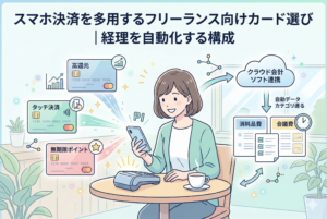 「スマホ決済を多用するフリーランス向けカード選び｜経理を自動化する構成」というタイトルが入ったアイキャッチ画像。カフェでスマートフォン決済を行う女性フリーランスを中心に、高還元カード、タッチ決済、無期限ポイントといったカードのメリットがアイコンで示されています。決済データがクラウド会計ソフトへリアルタイムに飛び、消耗品費や会議費へと自動的にカテゴリ分け（仕分け）される仕組みを視覚化した、清潔感のある精緻なイラストです。