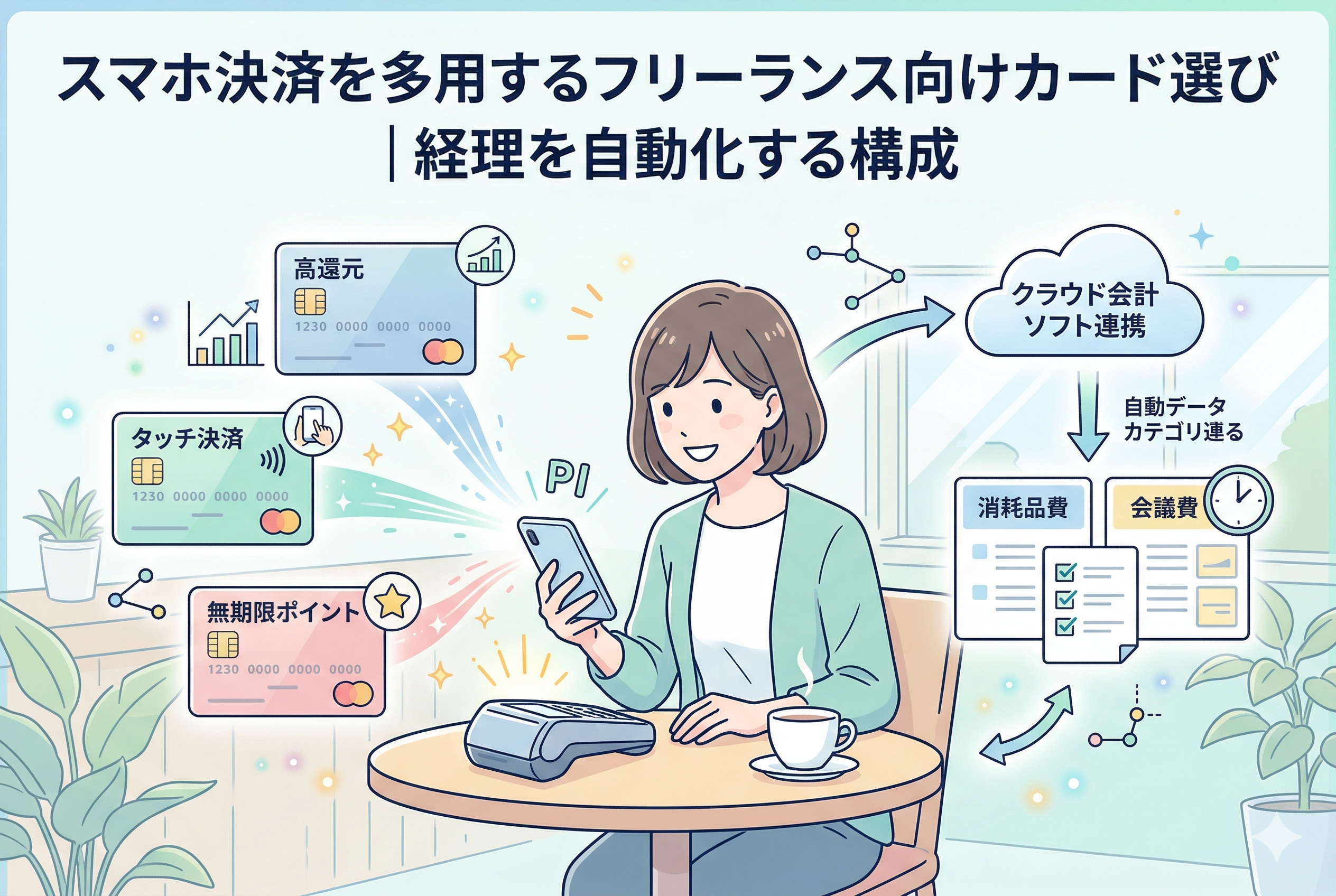 「スマホ決済を多用するフリーランス向けカード選び|経理を自動化する構成」というタイトルが入ったアイキャッチ画像。カフェでスマートフォン決済を行う女性フリーランスを中心に、高還元カード、タッチ決済、無期限ポイントといったカードのメリットがアイコンで示されています。決済データがクラウド会計ソフトへリアルタイムに飛び、消耗品費や会議費へと自動的にカテゴリ分け(仕分け)される仕組みを視覚化した、清潔感のある精緻なイラストです。