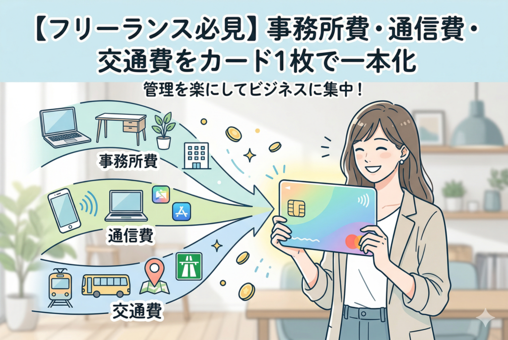 「【フリーランス必見】事務所費・通信費・交通費をカード1枚で一本化」という記事タイトルとともに、笑顔の女性がノートPCやスマホ、電車、バスなどの経費を1枚のクレジットカードに集約している様子を描いた、親しみやすいイラスト。