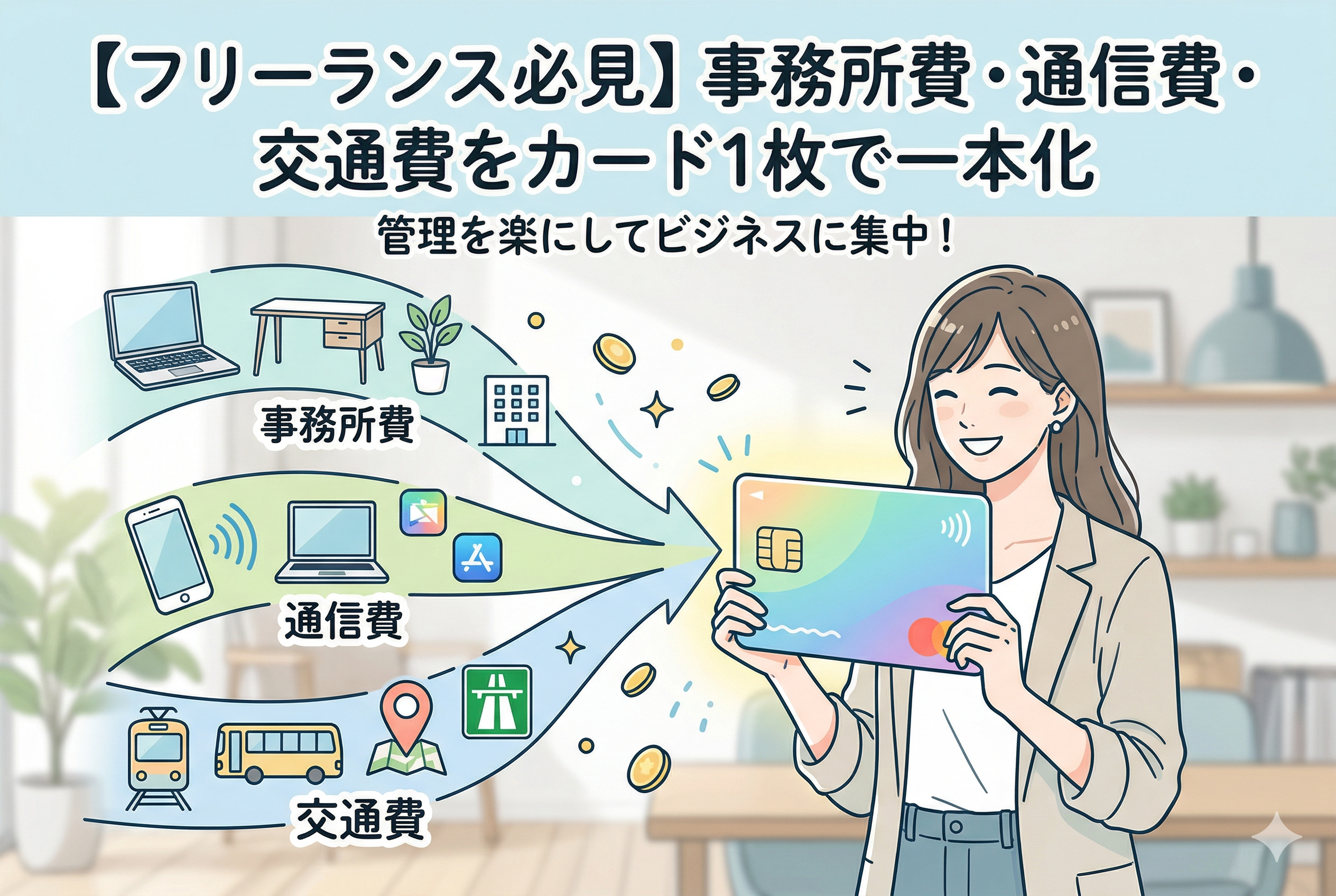 「【フリーランス必見】事務所費・通信費・交通費をカード1枚で一本化」という記事タイトルとともに、笑顔の女性がノートPCやスマホ、電車、バスなどの経費を1枚のクレジットカードに集約している様子を描いた、親しみやすいイラスト。