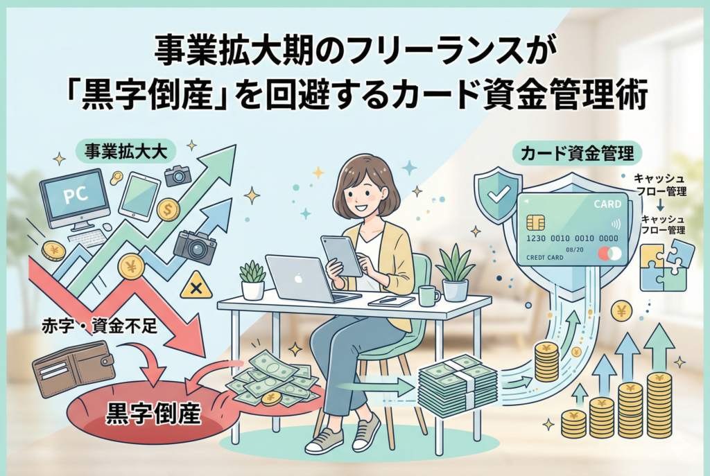 中心に笑顔で作業するフリーランス女性を配置し、左側には売上拡大の裏で「資金不足」から「黒字倒産」の穴に落ちるリスクを、右側にはクレジットカードを盾（ガード）に見立てて「キャッシュフロー管理」を行い資金が積み上がる成功イメージを対比させた図解アイキャッチイラスト。