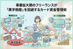 中心に笑顔で作業するフリーランス女性を配置し、左側には売上拡大の裏で「資金不足」から「黒字倒産」の穴に落ちるリスクを、右側にはクレジットカードを盾（ガード）に見立てて「キャッシュフロー管理」を行い資金が積み上がる成功イメージを対比させた図解アイキャッチイラスト。