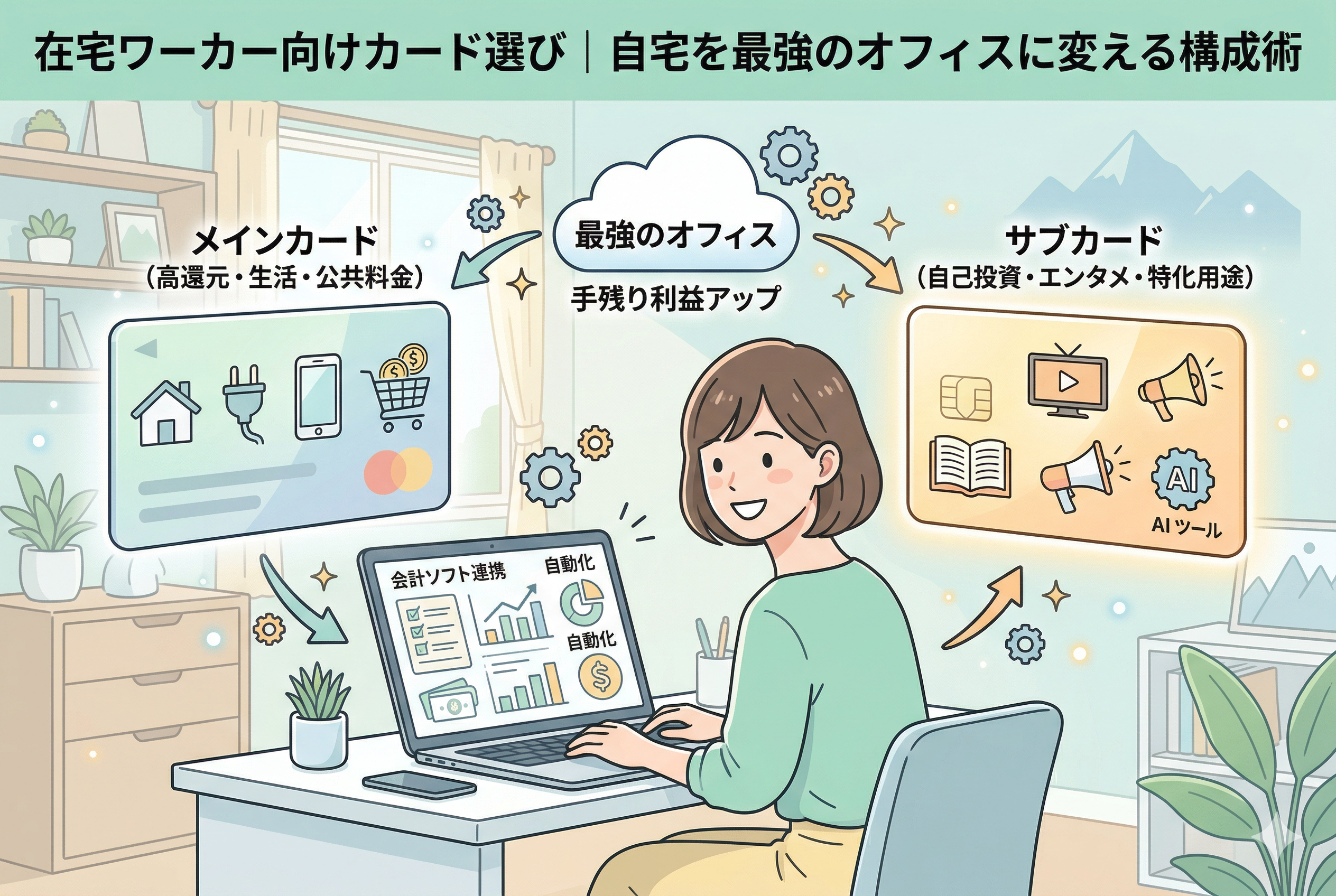 「在宅ワーカー向けカード選び|自宅を最強のオフィスに変える構成術」というタイトルが入ったアイキャッチ画像。ノートパソコンで作業する女性フリーランスを中心に、公共料金や生活費を担う「メインカード」と、自己投資やAIツール、エンタメに特化した「サブカード」の2枚持ち戦略が図解されています。会計ソフトとの自動連携によって事務作業を効率化し、手残り利益を最大化させる様子を表現した、清潔感のある精緻なイラストです。