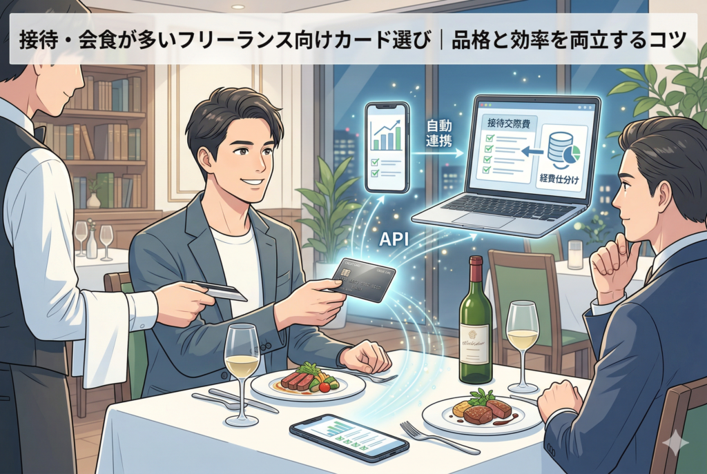 「接待・会食が多いフリーランス向けカード選び|品格と効率を両立するコツ」というタイトルが入ったアイキャッチ画像。高級レストランでの会食後、男性がスマートにブラックのビジネスカードを店員に手渡すシーンを中心に、その決済データがAPIを通じてノートパソコン上の会計ソフトへ「接待交際費」として自動連携・仕分けされる様子が視覚的に描かれています。プロフェッショナルな振る舞いと、デジタルな事務効率化の融合を表現した精緻なイラストです。