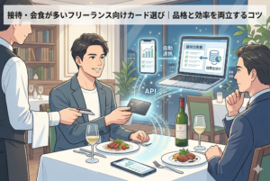 「接待・会食が多いフリーランス向けカード選び｜品格と効率を両立するコツ」というタイトルが入ったアイキャッチ画像。高級レストランでの会食後、男性がスマートにブラックのビジネスカードを店員に手渡すシーンを中心に、その決済データがAPIを通じてノートパソコン上の会計ソフトへ「接待交際費」として自動連携・仕分けされる様子が視覚的に描かれています。プロフェッショナルな振る舞いと、デジタルな事務効率化の融合を表現した精緻なイラストです。