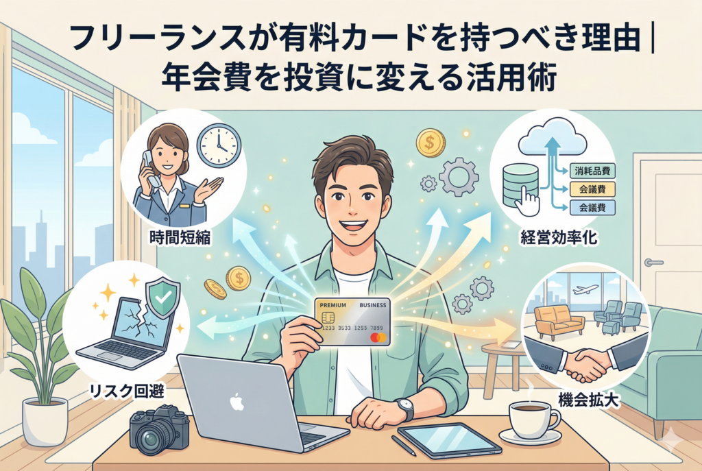「フリーランスが有料カードを持つべき理由｜年会費を投資に変える活用術」というタイトルが入ったアイキャッチ画像。中央に笑顔の男性フリーランスが座り、周囲に有料ビジネスカードを持つことで得られる4つのメリット（時間短縮、リスク回避、経営効率化、機会拡大）が、対応するアイコン、テキスト、データ処理の様子とともに円形に図解されている。ノートPC、カメラ、タブレット、コーヒーなどが置かれた清潔感のあるワークスペースで、充実した働き方を表現。特定の企業ロゴは使用されていない、精緻なイラスト。