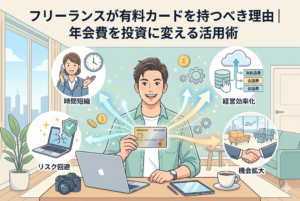 「フリーランスが有料カードを持つべき理由｜年会費を投資に変える活用術」というタイトルが入ったアイキャッチ画像。中央に笑顔の男性フリーランスが座り、周囲に有料ビジネスカードを持つことで得られる4つのメリット（時間短縮、リスク回避、経営効率化、機会拡大）が、対応するアイコン、テキスト、データ処理の様子とともに円形に図解されている。ノートPC、カメラ、タブレット、コーヒーなどが置かれた清潔感のあるワークスペースで、充実した働き方を表現。特定の企業ロゴは使用されていない、精緻なイラスト。