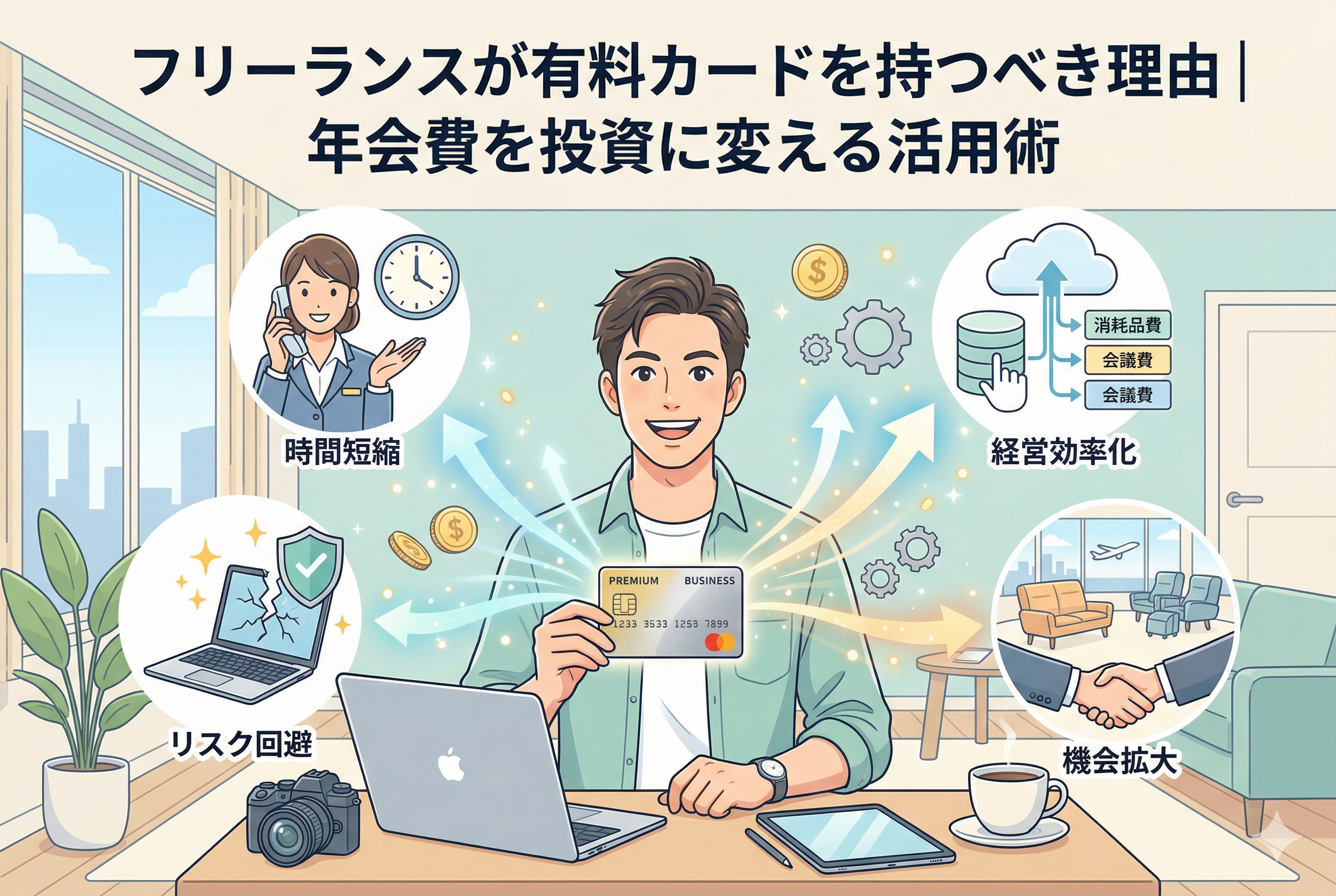 「フリーランスが有料カードを持つべき理由|年会費を投資に変える活用術」というタイトルが入ったアイキャッチ画像。中央に笑顔の男性フリーランスが座り、周囲に有料ビジネスカードを持つことで得られる4つのメリット(時間短縮、リスク回避、経営効率化、機会拡大)が、対応するアイコン、テキスト、データ処理の様子とともに円形に図解されている。ノートPC、カメラ、タブレット、コーヒーなどが置かれた清潔感のあるワークスペースで、充実した働き方を表現。特定の企業ロゴは使用されていない、精緻なイラスト。