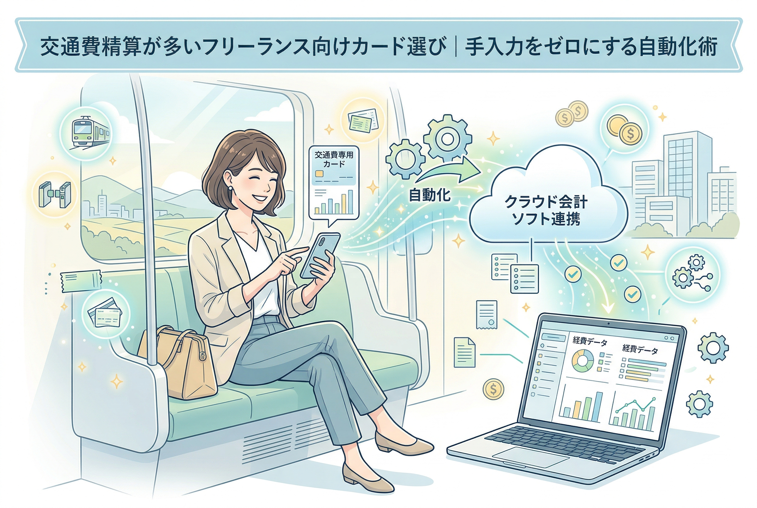 「交通費精算が多いフリーランス向けカード選び|手入力をゼロにする自動化術」というタイトルが入ったアイキャッチ画像。電車の座席に座り、笑顔でスマートフォンを操作する女性フリーランスが描かれています。スマートフォンからクラウド(雲のアイコン)、そして手元のノートパソコン上の会計ソフトへとデータがシームレスに流れる様子が図解され、移動中の決済が自動的に経理データへと変換される仕組みを表現した、清潔感のある精緻なイラストです。