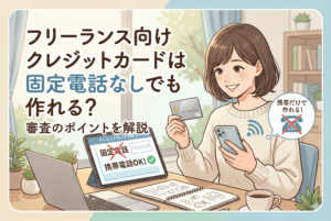 パソコンやスマートフォンを使いながらクレジットカードを持つ、笑顔の女性フリーランスのイラスト。画像内には「フリーランス向けクレジットカードは固定電話なしでも作れる？審査のポイントを解説」という大きな日本語タイトルがある。タブレット画面には、申し込みフォームの例として「固定電話」に×印、「携帯電話OK！」に緑のチェックマークが表示されており、スマホだけで申し込みが可能であることを視覚的に伝えている。