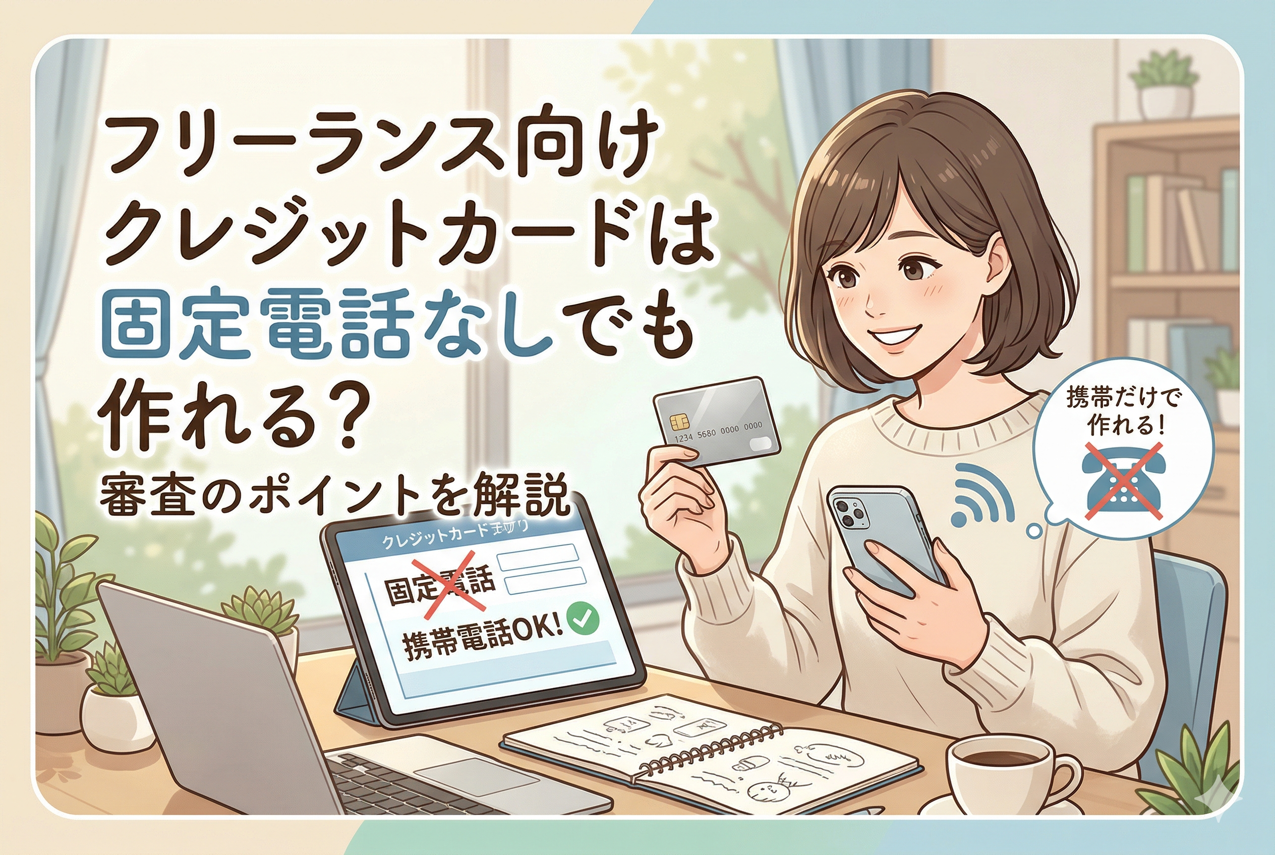 パソコンやスマートフォンを使いながらクレジットカードを持つ、笑顔の女性フリーランスのイラスト。画像内には「フリーランス向けクレジットカードは固定電話なしでも作れる？審査のポイントを解説」という大きな日本語タイトルがある。タブレット画面には、申し込みフォームの例として「固定電話」に×印、「携帯電話OK！」に緑のチェックマークが表示されており、スマホだけで申し込みが可能であることを視覚的に伝えている。