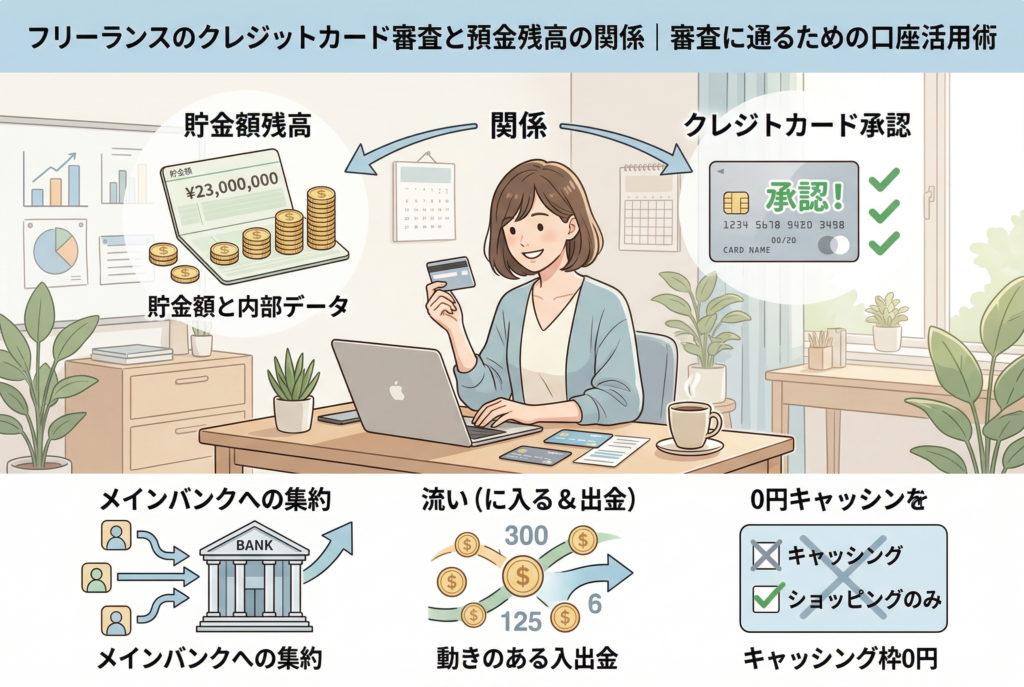 フリーランスのクレジットカード審査を有利に進めるための「預金残高」と「口座活用術」を解説したイラスト。パソコンで作業する女性を中心に、メインバンクへの集約、活発な入出金実績の構築、キャッシング枠0円の設定という3つの重要ポイントを図解しています。