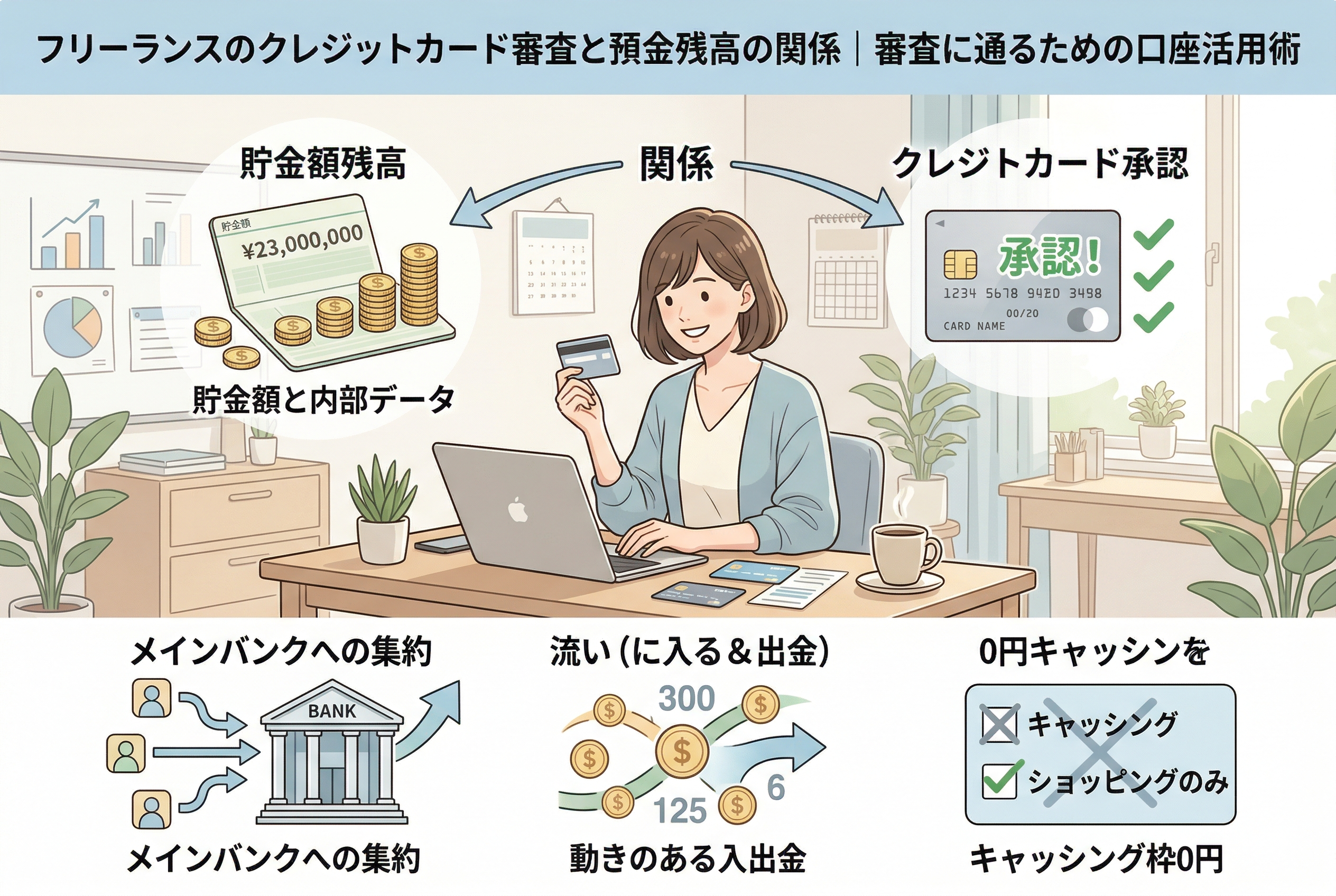 フリーランスのクレジットカード審査を有利に進めるための「預金残高」と「口座活用術」を解説したイラスト。パソコンで作業する女性を中心に、メインバンクへの集約、活発な入出金実績の構築、キャッシング枠0円の設定という3つの重要ポイントを図解しています。