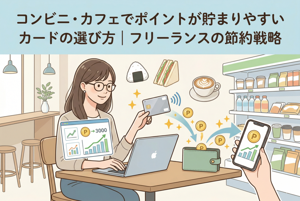 「コンビニ・カフェでポイントが貯まりやすいカードの選び方｜フリーランスの節約戦略」という見出し入りのイラスト。カフェでノートパソコンを開く女性フリーランスが、クレジットカードをかざしてポイント（Pマーク）が財布やスマートフォンへ次々と貯まっていく様子を表現しています。背景にはコンビニの棚や、おにぎり、サンドイッチ、カフェラテのアイコンが描かれ、日常の少額決済が大きな還元に繋がることを視覚化しています。