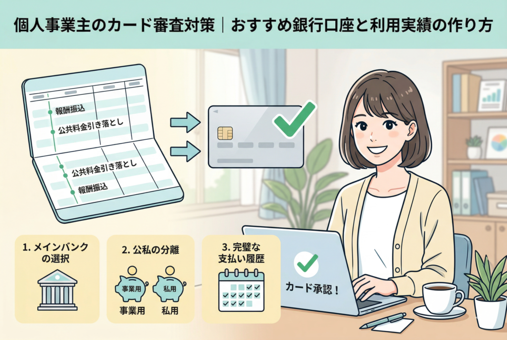 「個人事業主のカード審査対策|おすすめ銀行口座と利用実績の作り方」というタイトルのアイキャッチ画像。ノートパソコンで作業する笑顔の女性と、良好な取引実績を示す銀行通帳が描かれたイラスト。通帳からクレジットカードへ矢印が伸び、カードの承認(緑色のチェックマーク)を意味している。下部には、メインバンクの選択、公私の分離(事業用と私用の貯金箱)、完璧な支払い履歴(カレンダーとチェックマーク)という3つの対策ポイントがアイコン付きで示されている。全体的に明るいパステルカラーで、清潔感のある親しみやすいデザイン。