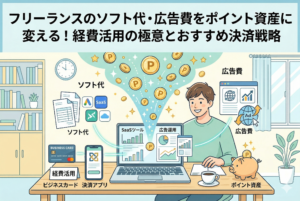 パソコンで作業するフリーランスの男性と、画面から溢れ出すポイント（金貨）を描いたイラスト。ソフト代や広告費などの経費を決済することでポイントが貯まる様子を表現しており、上部には「フリーランスのソフト代・広告費をポイント資産に変える！経費活用の極意とおすすめ決済戦略」という記事タイトルが入っています。