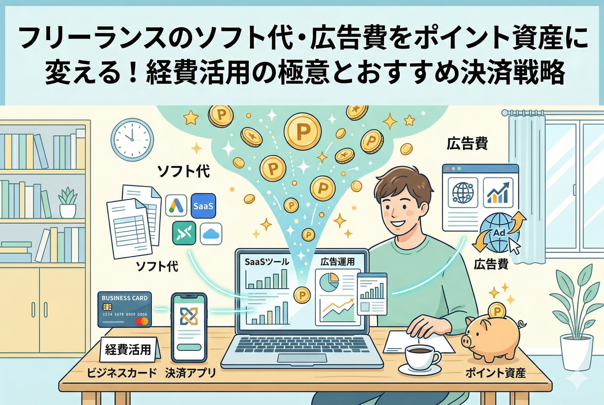 パソコンで作業するフリーランスの男性と、画面から溢れ出すポイント（金貨）を描いたイラスト。ソフト代や広告費などの経費を決済することでポイントが貯まる様子を表現しており、上部には「フリーランスのソフト代・広告費をポイント資産に変える！経費活用の極意とおすすめ決済戦略」という記事タイトルが入っています。