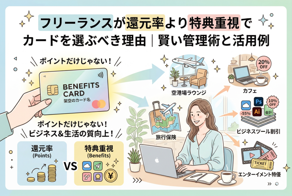 「フリーランスが還元率より特典重視でカードを選ぶべき理由」をテーマにした解説用インフォグラフィック。デスクで作業する女性のイラストを中心に、空港ラウンジ利用、カフェ割引、ビジネスツール（Adobe等）の優待、旅行保険、エンタメ特待といった具体的なベネフィットがアイコンで整理されています。左下には「還元率 vs 特典重視」という比較図が配置され、ポイント以上の実益を強調するデザインです。
